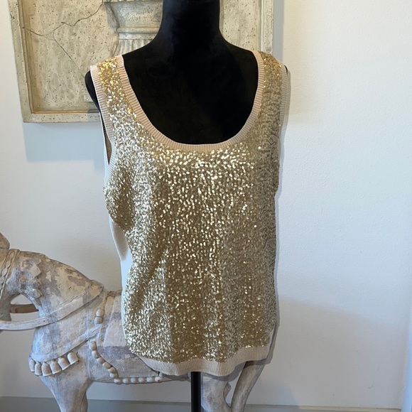 Calvin Klein sleeveless top‎ gold sequin sweater back Sz L - Picture 1 of 7